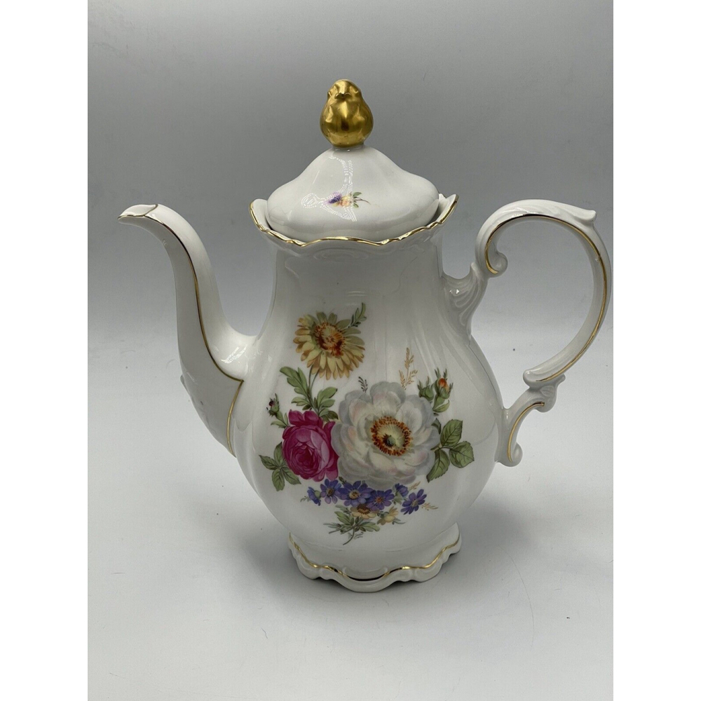 Meissen Mitterteich Floral VTG White Coffee Pot & Lid Floral With Gold Trim MCM